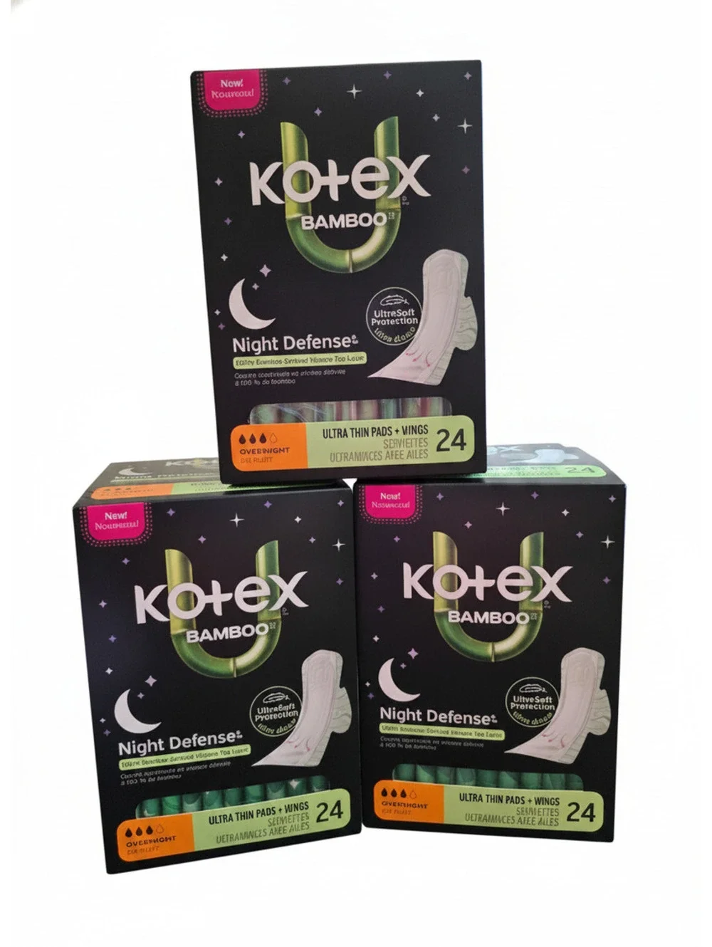 Lot of 3! Kotex Bamboo Night Defense Period Ultra Thin Pads with Wings 24 Count
